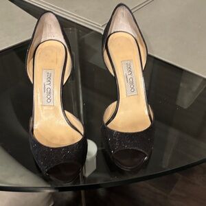 Jimmy Choo Glitter Black Peep Toe Heels